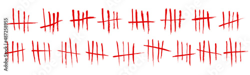 Tally mark. Prison counting lines set, blood slash scratches on the wall. Hand drawn crossed out tally marks, jail grunge outline numbers on white background, vector illustration photo