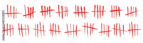 Tally mark. Prison counting lines set, blood slash scratches on the wall. Hand drawn crossed out tally marks, jail grunge outline numbers on white background, vector illustration
