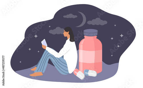 vector hand drawn illustration in flat style on the theme of insomnia, addiction to gadgets. a young woman sits in pajamas and looks into a smartphone. next to her is a vial of sleeping pills