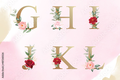 Watercolor floral alphabet set of g, h, i, j, k, l with hand drawn Flower and Leaves