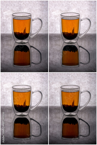 Collage with a cup with double walls with brewed tea