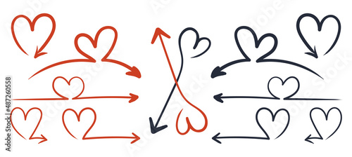 Set of love arrows. Arrow with red and black heart. Hand drawing. Eps10. Doodle vector illustration.