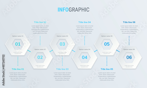 Abstract business honeycomb infographic template with 6 options. Blue diagram, timeline and schedule isolated on light background.