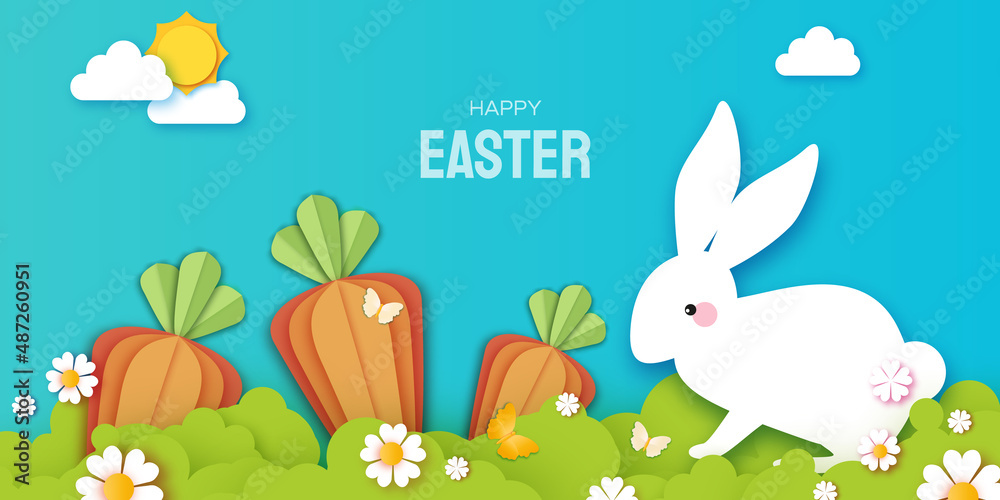 Happy Easter Rabbit with carrot. Cute white rabbits in paper cut style. Bunny, flowers and butterfly. Spring holidays in modern style. Easter Egg Hunt with egg hunt. Spring scene.