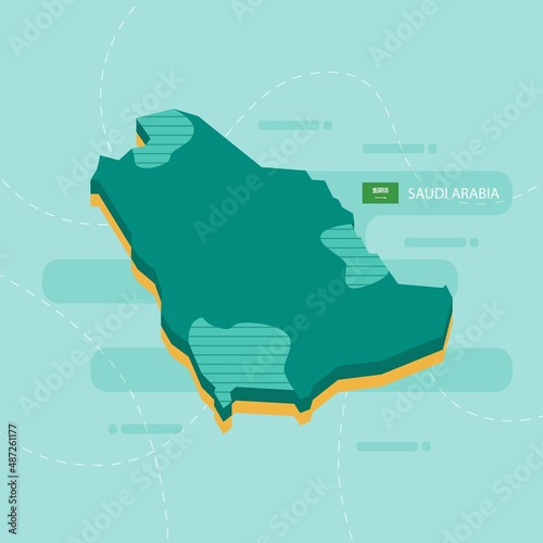 3d vector map of Saudi Arabia with name and flag of country on light green background and dash.