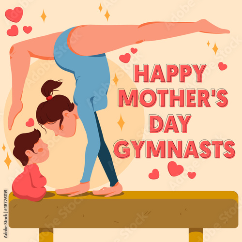 Mamá yoga, diseño vectorial de mamá e hija en caballete ilustración minimalista