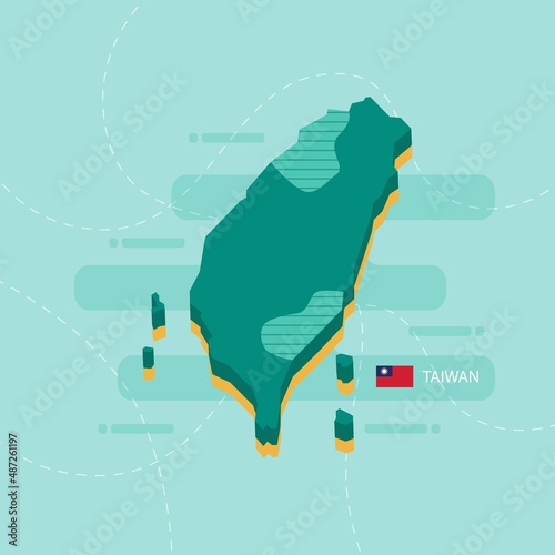 3d vector map of Taiwan with name and flag of country on light green background and dash.
