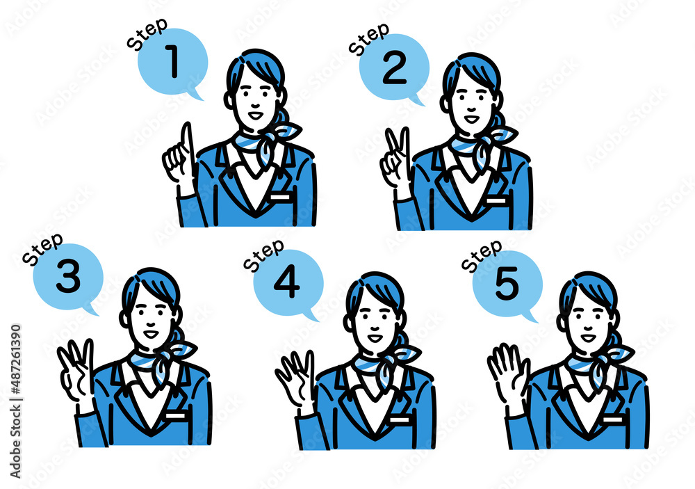 工程を説明する客室乗務員の若い女性のセット
