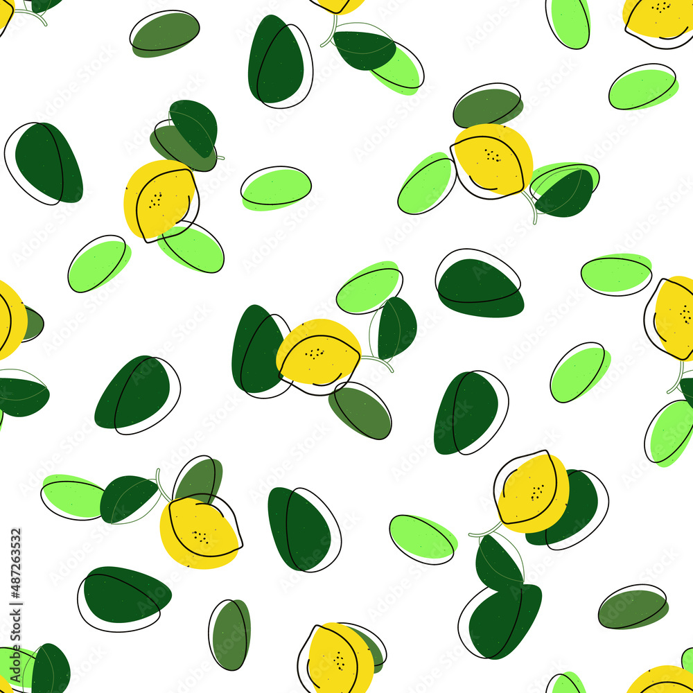 Lemons pattern with abstract shapes. Geometric shapes on a white background with yellow ripe, exotic fruits. Hand drawn lines and outlines. Tropical pattern with lemons, leaves. Vector illustration Lemons pattern with abstract shapes. Geometric shapes on a white background with yellow ripe, exotic fruits. Hand drawn lines and outlines. Tropical pattern with lemons, leaves. Vector illustration
