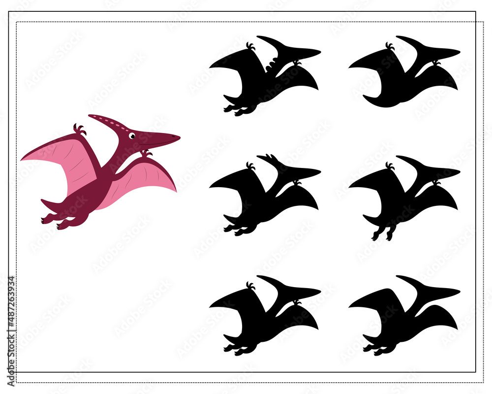 Children's logic game find the right shadow, cute cartoon dinosaur. Vector Children's logic game find the right shadow, cute cartoon dinosaur. Vector