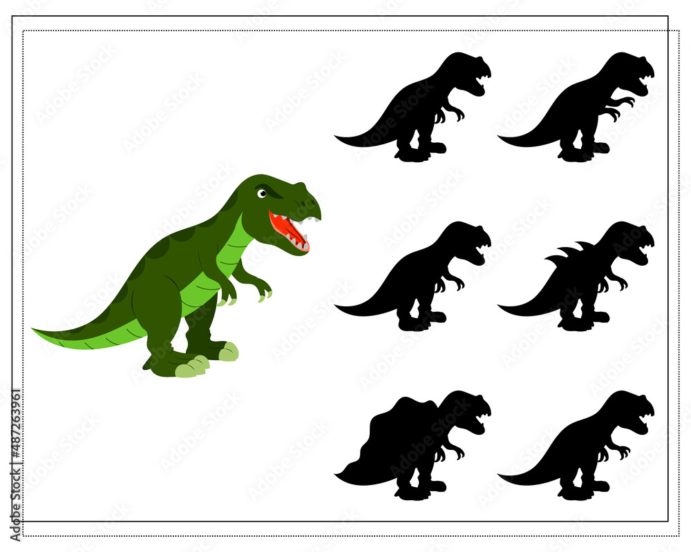 Naklejka premium Children's logic game find the right shadow, cute cartoon dinosaur. Vector