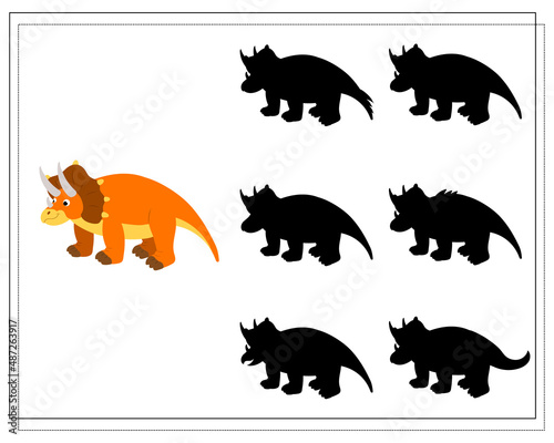 Children's logic game find the right shadow, cute cartoon dinosaur. Vector