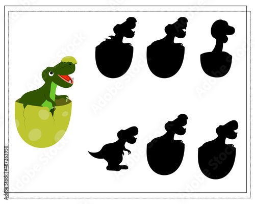 Children's logic game find the right shadow, cute cartoon dinosaur. Vector