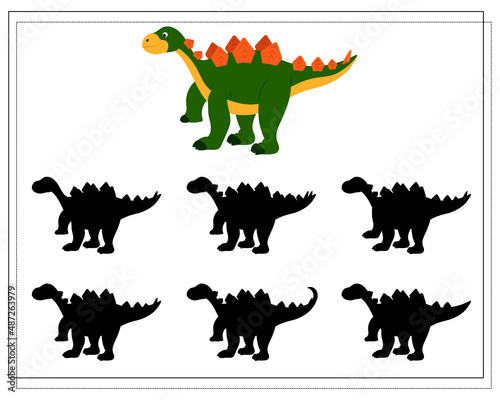 Children's logic game find the right shadow, cute cartoon dinosaur. Vector