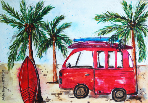 a surf bus in the style of Hawaii with palm 
