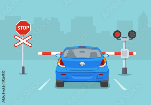 Car is reaching the level crossing with barrier. Back view of stopped sedan car at railroad crossing. Isolated flat vector illustration template.