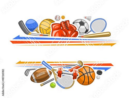 Vector Border for Sports Equipment with empty copy space for text, decorative promo concept with illustration of variety summer sport gear, red leather boxing gloves and golf club on white background