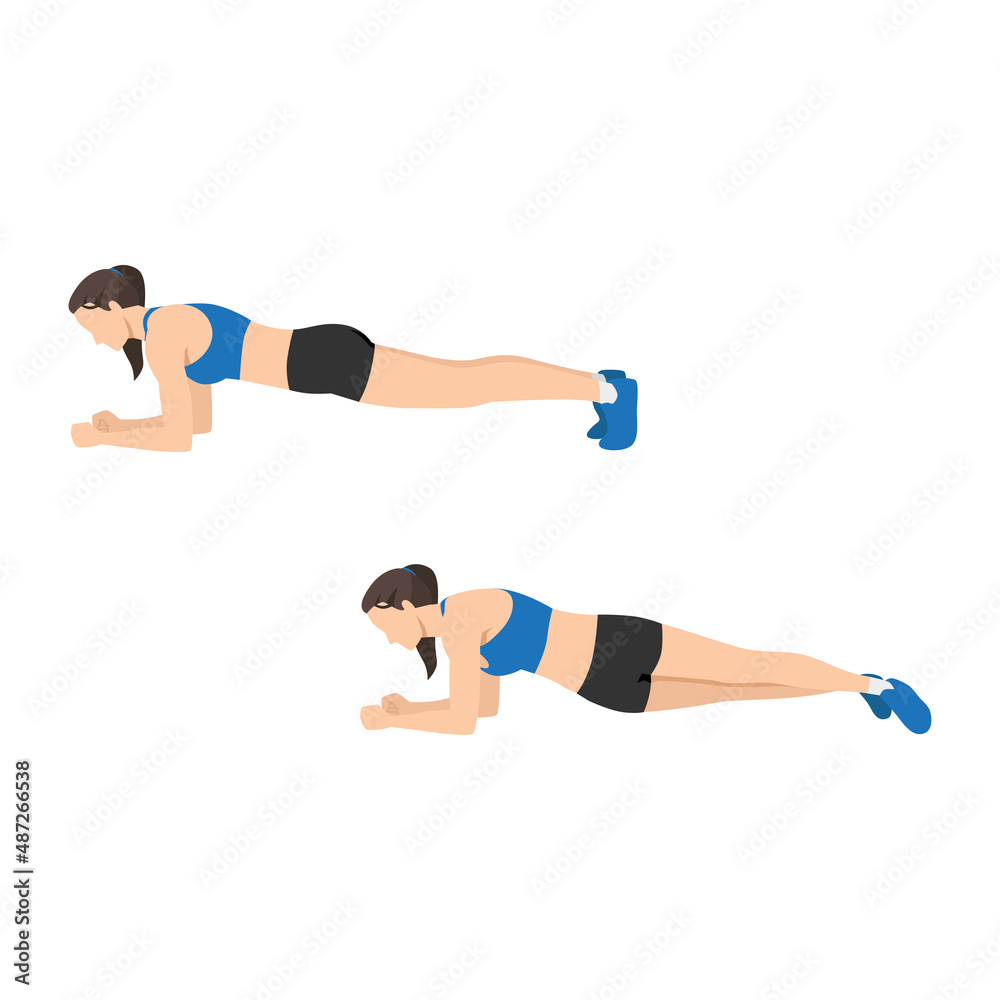 Woman doing Plank hip dips exercise. Flat vector illustration isolated on white background