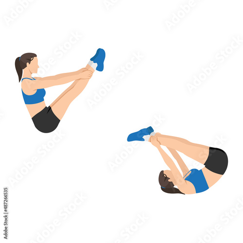 Woman doing Open leg rocker exercise. Flat vector illustration isolated on white background