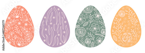 Set silhouettes Easter eggs with spring flowers, leafs and branch. Illustration colorful and minimalistic Easter eggs. Vector
