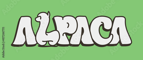 Alpaca wordmark custom type, emphasis on letter L, walking alpaca photo