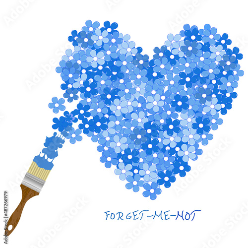 Paintbrush paints forget-me-not flowers in a shape of heart