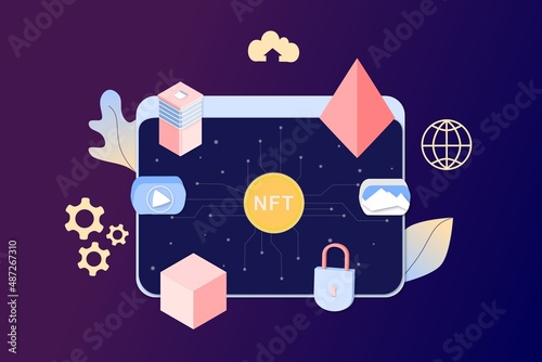 NFT non fungible token infographic with lines and dots network. Pay for unique collectible in video, game, art. Isometric vector illustration of NFT with blockchain technology for web, banner template