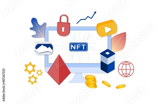 NFT non fungible token infographic with lines and dots network. Pay for unique collectible in video, game, art. Isometric vector illustration of NFT with blockchain technology for web, banner template