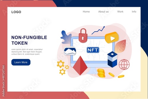 NFT non fungible token infographic with lines and dots network. Pay for unique collectible in video, game, art. Isometric vector illustration of NFT with blockchain technology for web, banner template