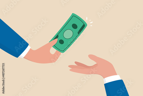 Borrow money from friend, debt and loan, incentive or bonus payment, credit or lending concept, businessman hand giving money banknote to friend's hand.