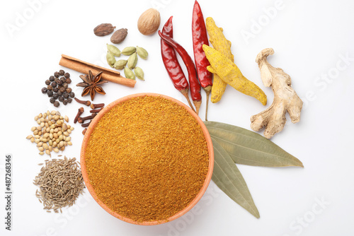 Curry Masala Powder with ingredients, this is a common spice ,curry powder in Indian kitchen photo
