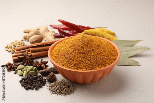 Fototapeta Naklejka Na Ścianę i Meble -  Curry Masala Powder with ingredients, this is a common spice ,curry powder in Indian kitchen