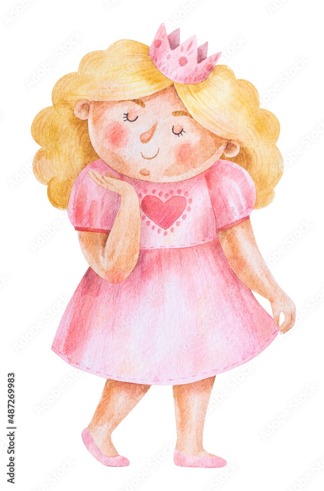 Little girl in pink fancy dress of princess. Cute watercolor illustration. Hand-drawn picture for decoration, print