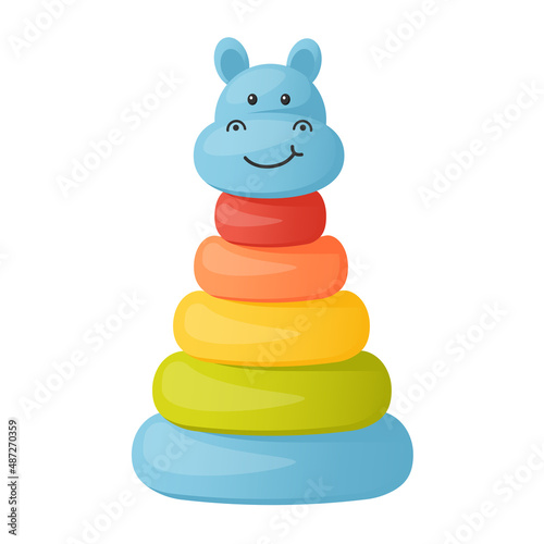 Bright iridescent children's toy - pyramid of plastic rings with triangular top, vector illustration on white background

