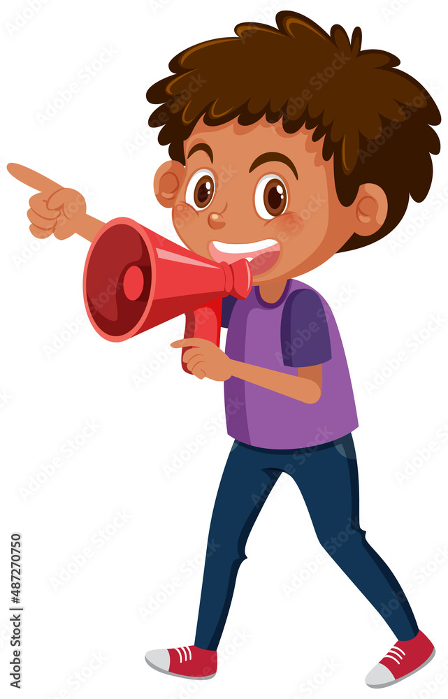 A boy using megaphone in cartoon style