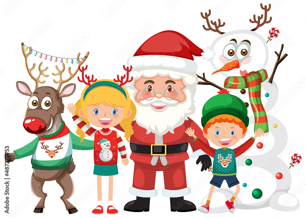 Santa Claus with happy children on white background