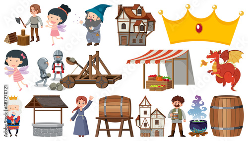 Set of fantasy cartoon characters and elements