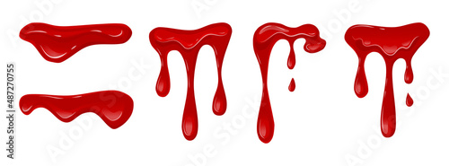 Dripping blood set. Flowing red liquid, red viscous slime. Vector cartoon illustration on a white background