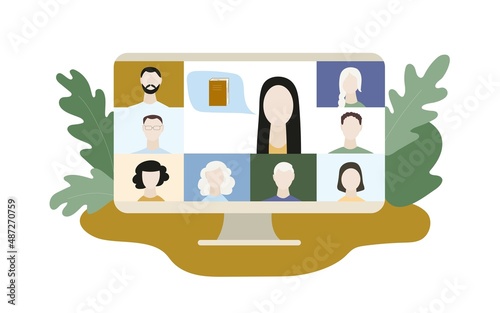Online group consultation of adults with a trainer. Online conference. Discussion of difficulties and problems. Online learning. Vector illustration