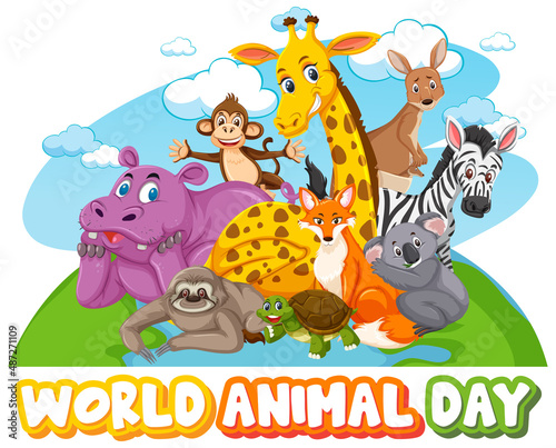 World Animal Day banner with wild animals in cartoon style