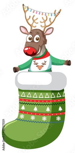 Cute reindeer in Christmas stocking in cartoon style