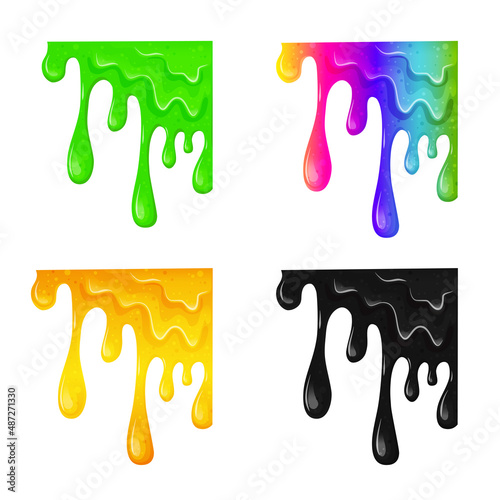 Multicolored viscous slimes set on a white background. Bright flowing liquids oil, honey. Vector cartoon illustration
