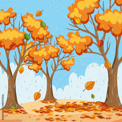 Raining in autumn forest background