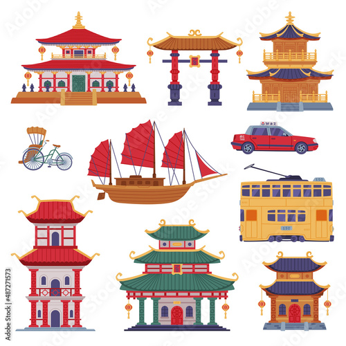 Chinese Transport and Building with Rickshaw and Pagoda Vector Set