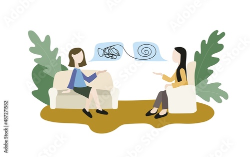 Consultation of an adult with a psychologist. Discussion of difficulties, problems of middle age.Professional help in overcoming depression, in understanding and accepting yourself.Vector illustration
