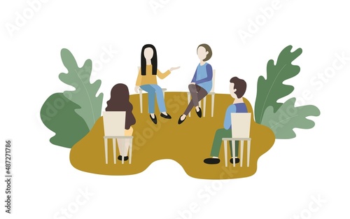 Group discussion among adults. Four people sit on chairs opposite each other and have a discussion. Group brainstorming and decision making. Flat vector illustration.