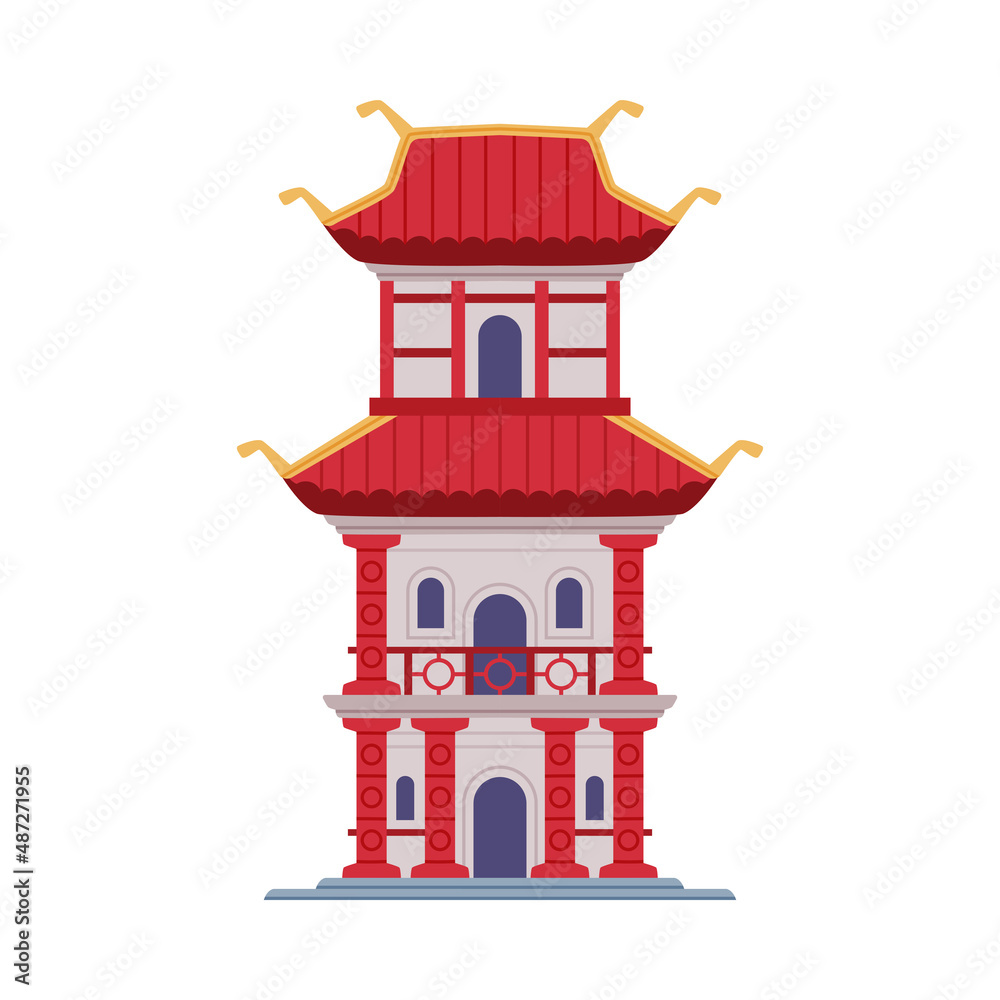 Pagoda as Chinese Tiered Tower with Multiple Eaves and Traditional Building Vector Illustration