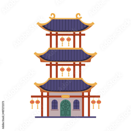 Fototapeta Naklejka Na Ścianę i Meble -  Pagoda as Chinese Tiered Tower with Multiple Eaves and Traditional Building Vector Illustration