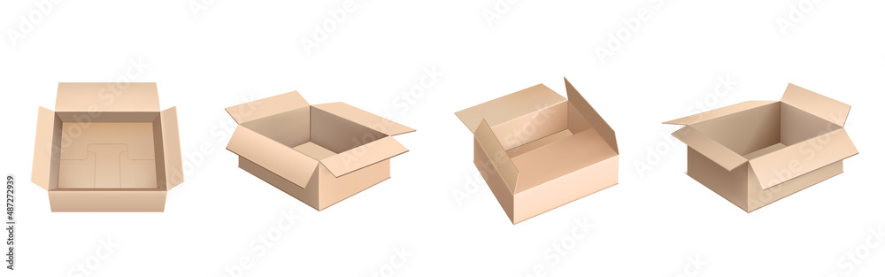 Cardboard boxes mockup, 3d vector cargo and parcel packages, realistic carton containers. Closed and open packaging for goods, isolated empty drawers, distribution blank packs for freight shipping set Cardboard boxes mockup, 3d vector cargo and parcel packages, realistic carton containers. Closed and open packaging for goods, isolated empty drawers, distribution blank packs for freight shipping set