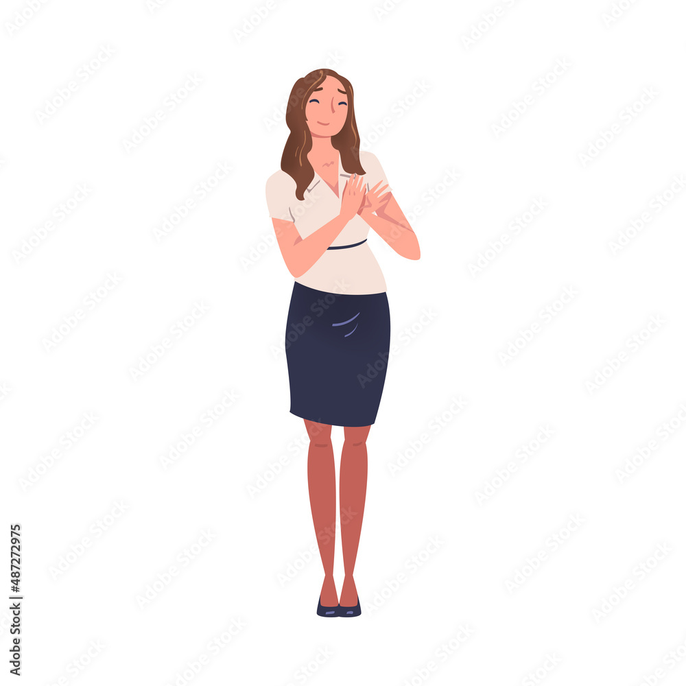 Fototapeta premium Smiling Woman Character Standing and Clapping His Hands as Applause and Ovation Gesture Vector Illustration